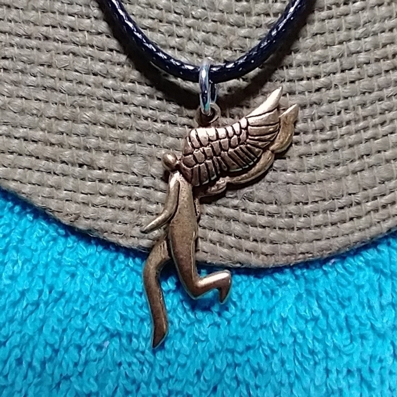 Goldtone walking angel black cord necklace - Picture 1 of 5